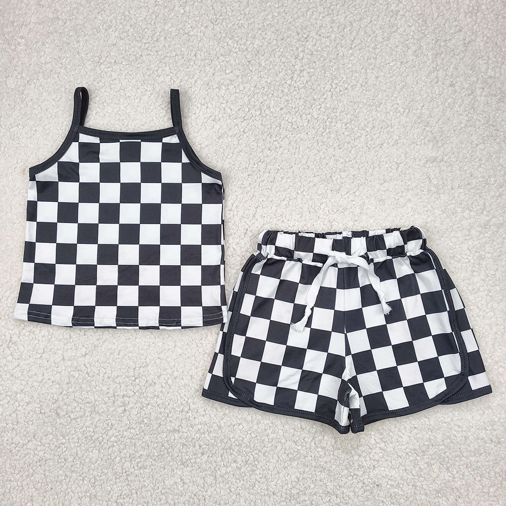 Sibling 4 Colors Baby Girls Strap Plaid Top Short Sports Sets