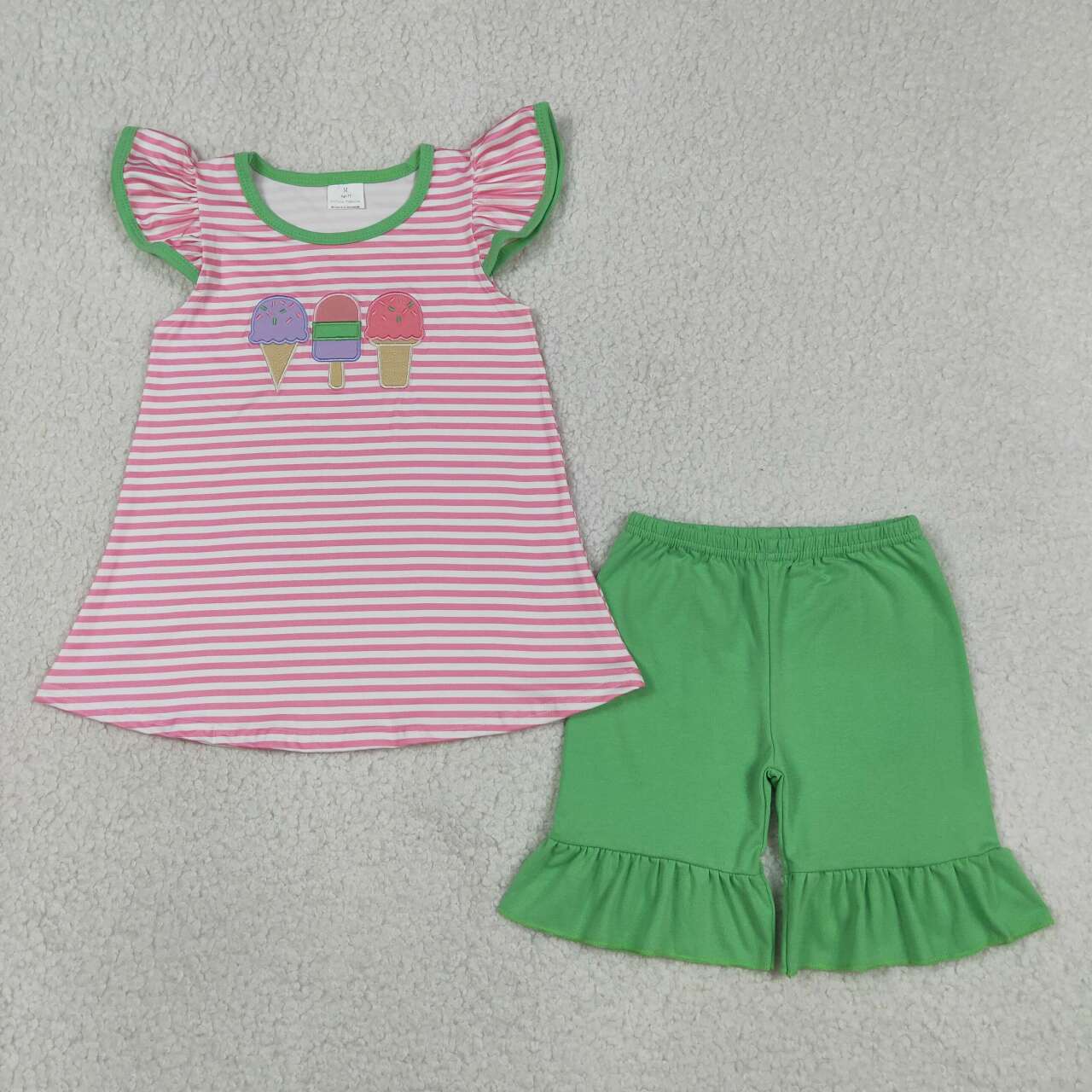 GSSO2349 Ice Cream Embroidery Stripes Top Green Shorts Girls Summer Clothes Set