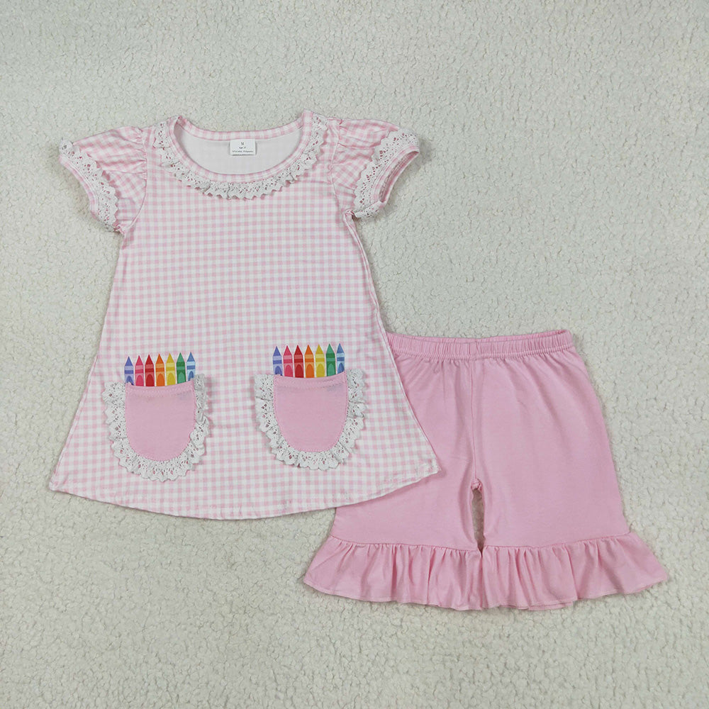 GSSO2388 Pen Pockets Plaid Ruffle Tunic Top Pink Shorts Girls Back to School Clothes Set