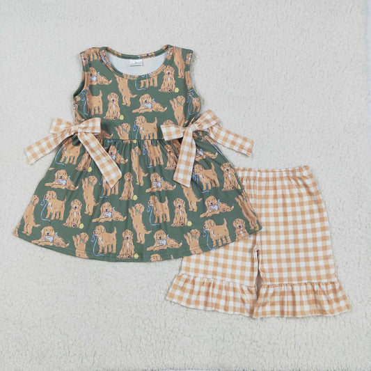 Sibling Baby Girls Green Sleeveless Dogs Bows Tunic Khaki Plaid Ruffle Shorts Sets Romper