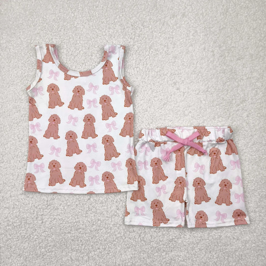 Sibling Baby Girls Sleeveless Bows Dogs Flowers Top Short With Belt Sets