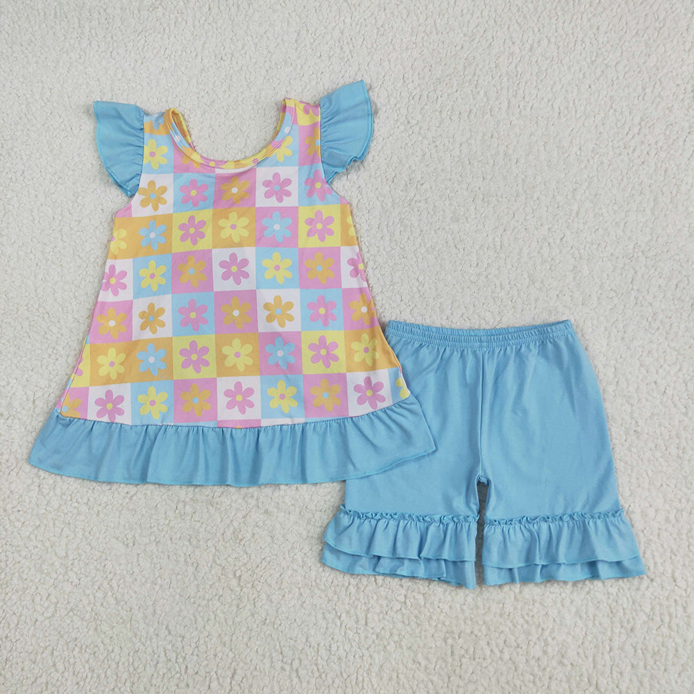 GSSO2623 Colorful Flowers Plaid Backless Top Blue Ruffle Shorts Girls Summer Clothes Set