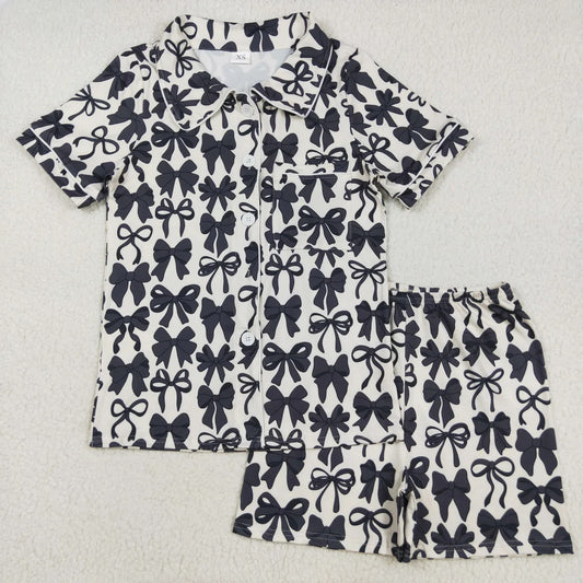 Mommy and Me Baby Girls Black Bows Button Pocket Top Short Pajamas Sets