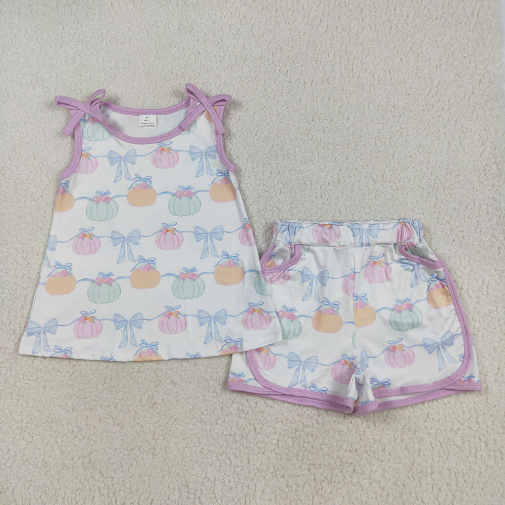 GSSO2668 Colorful Pumpkin Bows Sleeveless Top Pockets Shorts Girls Fall Clothes Set
