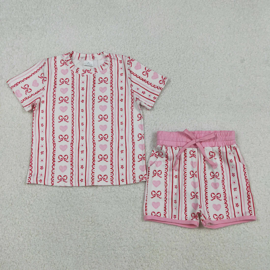 Sibling Baby Girls Hearts Bows Top Pockets Shorts Clothes Sets