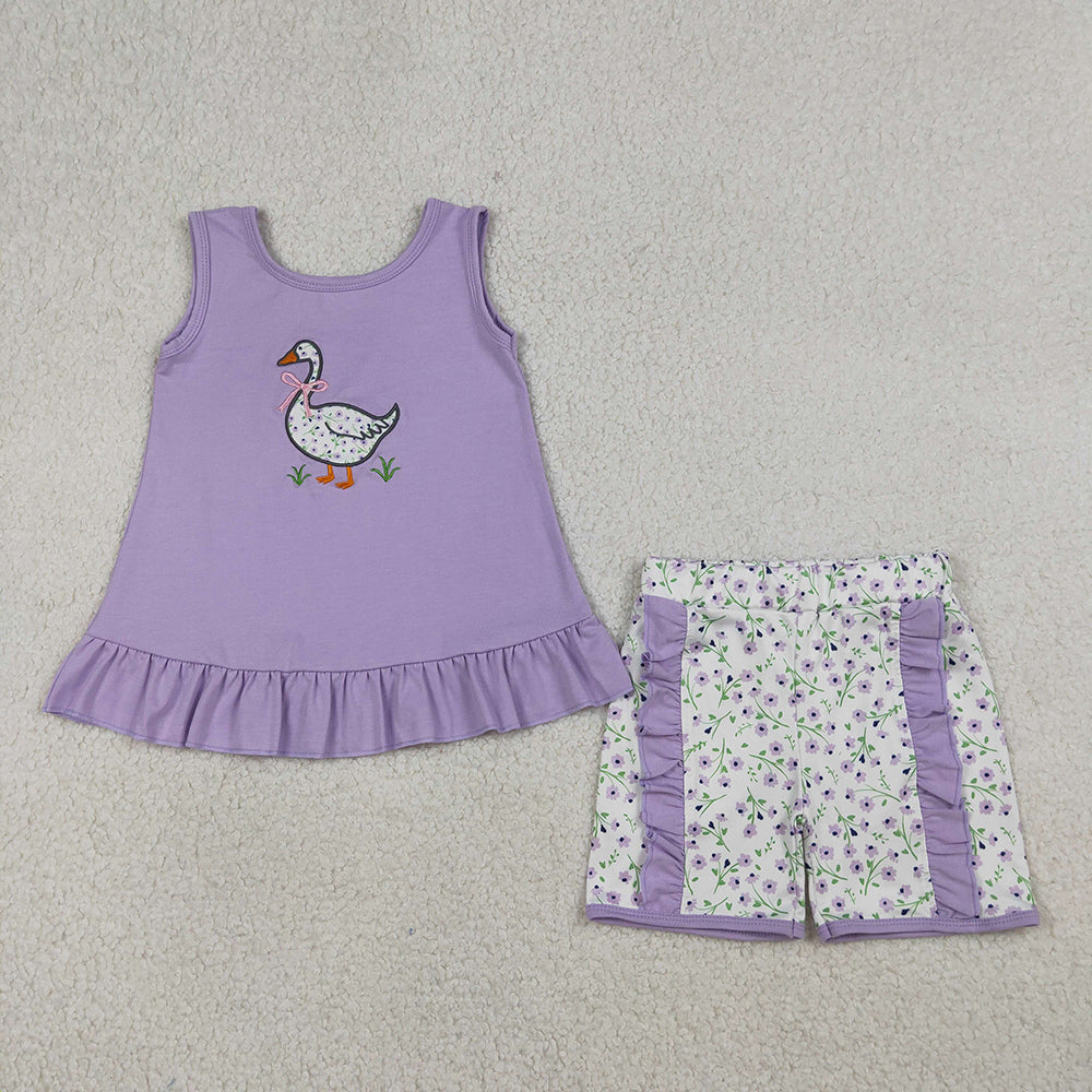 Goose Embroidery Flowers Lavender Girls Summer Clothes Sibling Matching Wear
