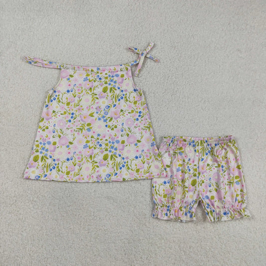 Sibling Baby Girls Colorful Flowers Beach Bows Tunic Ruffle Short Clothes Sets)
