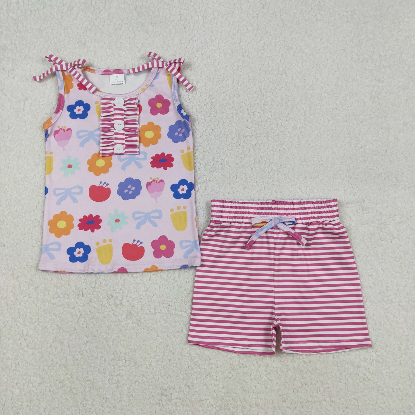 Sibling Baby Girls Sleeveless Colorful Flowers Smiles Top Shorts Clothes Sets