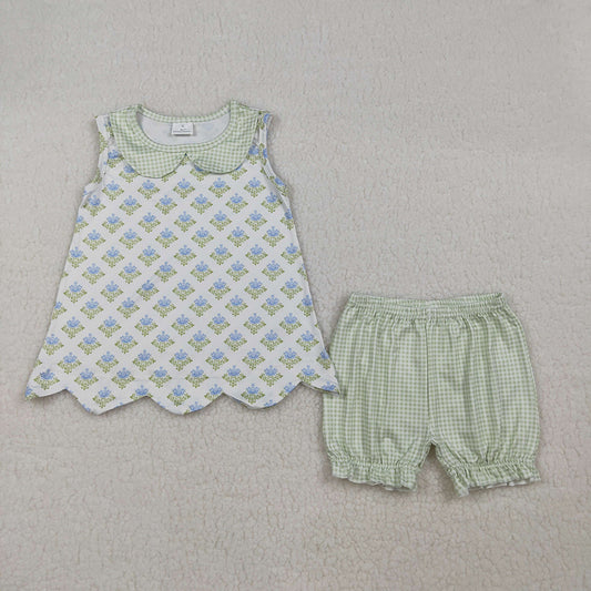 GSSO2850 Flowers Doll Collar Sleeveless Scallop Top Plaid Shorts Girls Summer Clothes Set