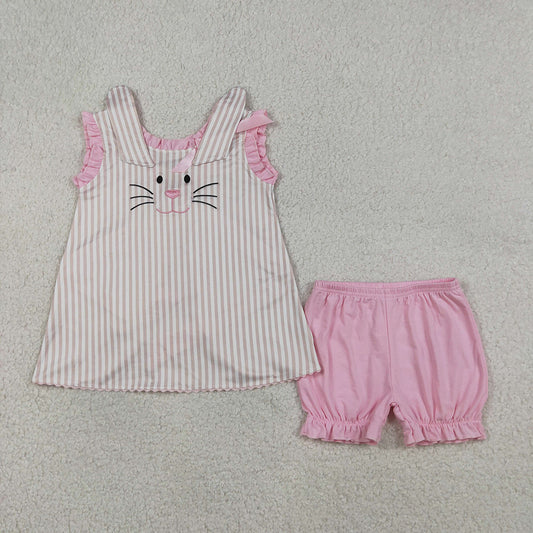 GSSO2924 Bunny Embroidery Stripes Backless Top Pink Shorts Girls Easter Clothes Set
