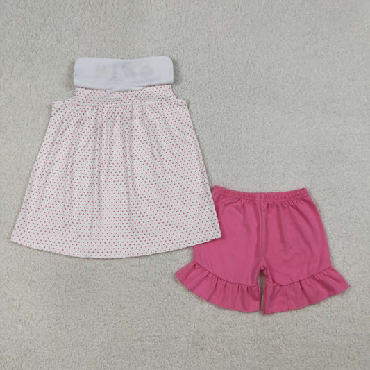 GSSO3019 Embroidery Cross Sheep Baby Girls Polka Dots Tunic Ruffle Shorts Clothes Sets