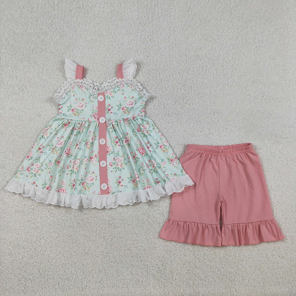 GSSO3036 Flowers Ruffle Tunic Top Pink Shorts Girls Summer Clothes Set