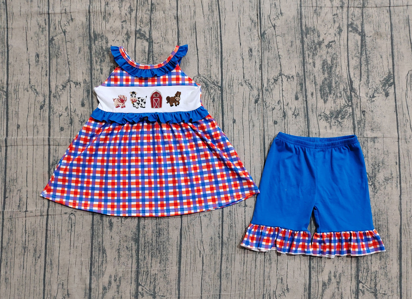 Preorder GSD3881 Farm Animals Embroidery Plaid Tunic Top Blue Shorts Girls 4th of July Clothes Set