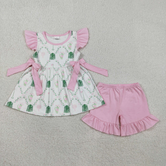 Sibling Baby Girls Pink Flower Golf Checked Tunic Ruffle Shorts Clothes Set Rompers