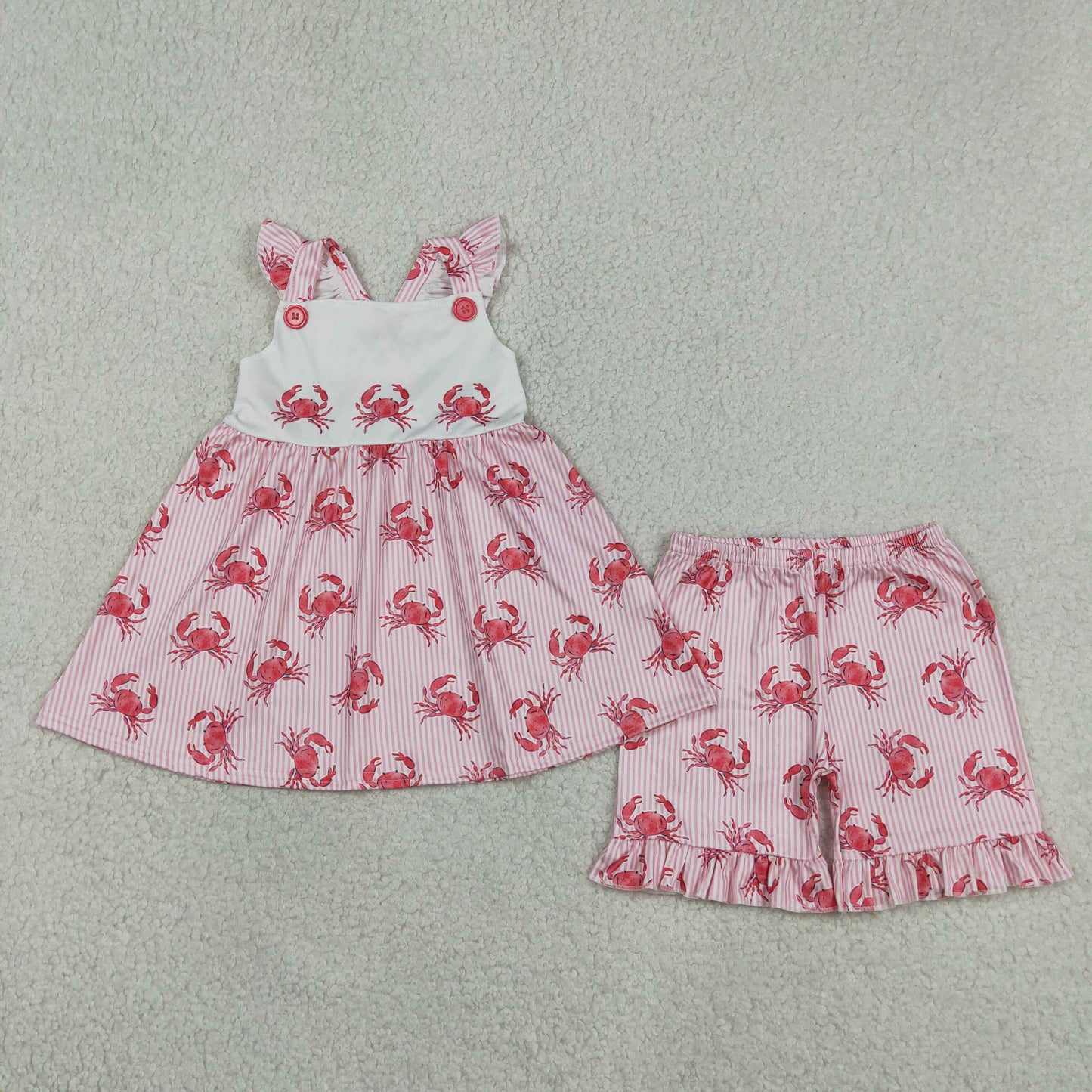 Crab Strap Tunic Top Ruffle Shorts Girls Summer Clothes Set