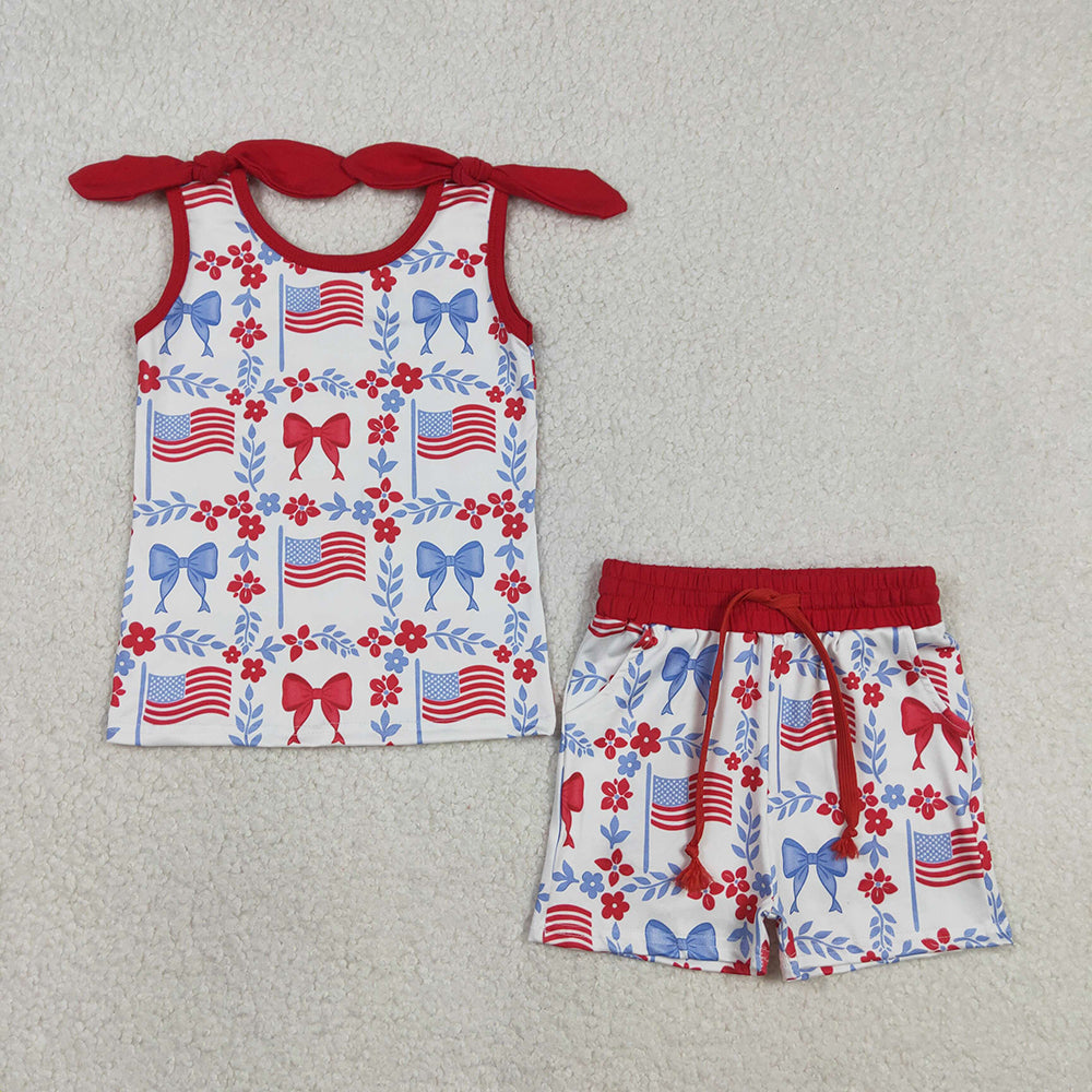 GSSO3094 Flag Flowers Bows Top Pockets Shorts Girls 4th of July Clothes Set