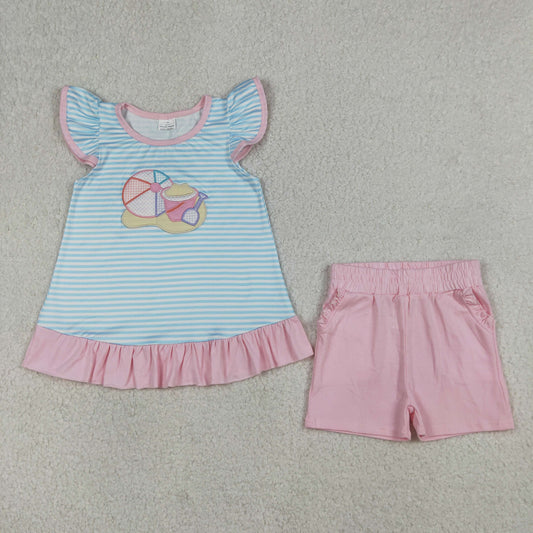 Sibling Toddler Girls & Boys Embroidery Beach Short Sleeve Top with Shorts Outfit