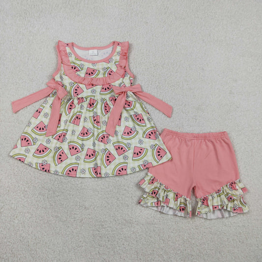 Sibling Baby Girls Sleeveless Watermelons Flowers Tunic Ruffle Shorts Clothes Set Rompers