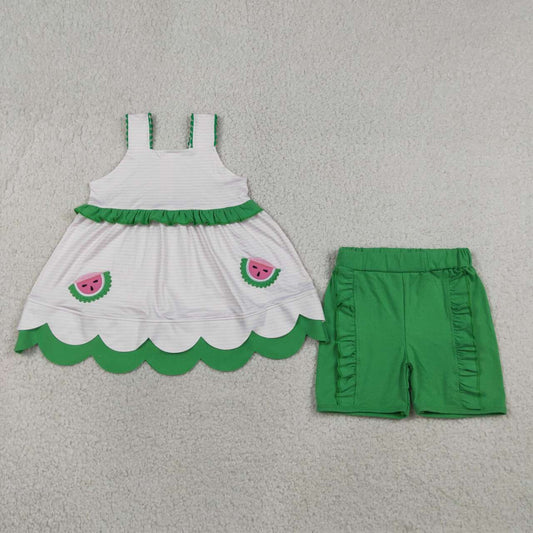 GSSO3164 Watermelon Embroidery White Scallop Tunic Top Green Ruffle Shorts Girls Summer Cotton Outfits