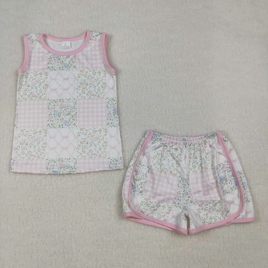 Small Flowers Plaid Sleeveless Top Shorts Girls Summer Clothes Set