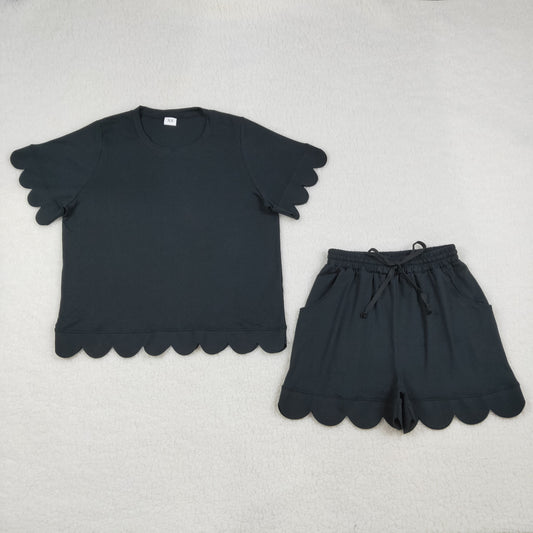 Mommy and Me Black Scallop Outfits, Short Sleeve Two Piece Set for Mother Daughter