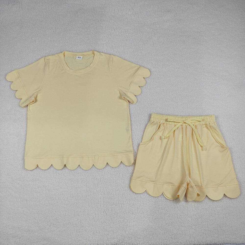 GSSO3203 Yellow Cotton Pockets Woman Summer Scallop Clothes Set