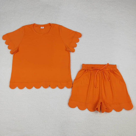 GSSO3206 Orange Cotton Pockets Woman Summer Scallop Clothes Set