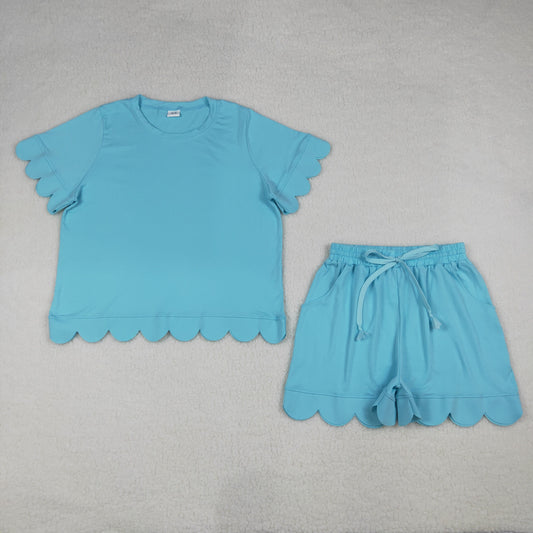 Mommy and Me Blue Scallop Outfits, Short Sleeve Two Piece Set for Mother Daughter