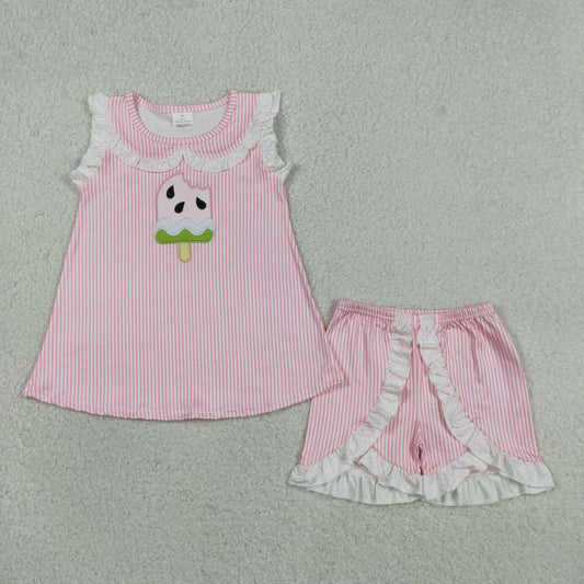 GSSO3238 Watermelon Popsicle Embroidery Sleeveless Doll Collar Top Ruffle Shorts Girls Summer Clothes Set