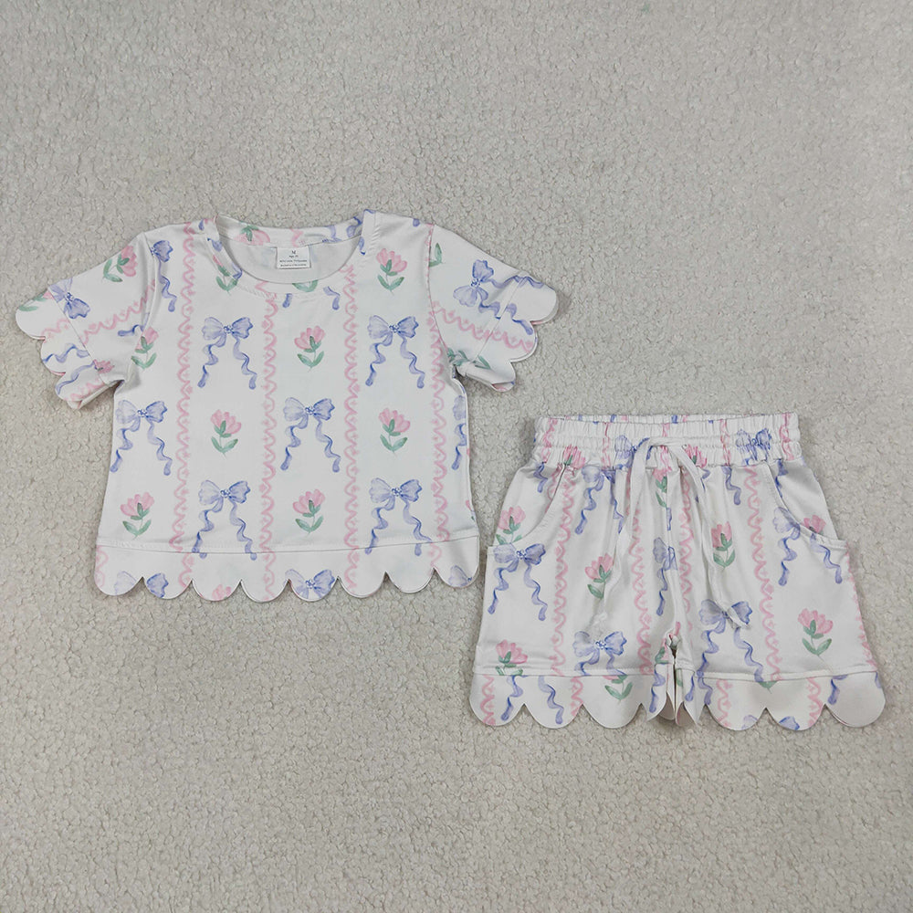 GSSO3272 Girls’ Floral & Blue Bow Stripe Scallop Short Sleeve Top & Shorts Set
