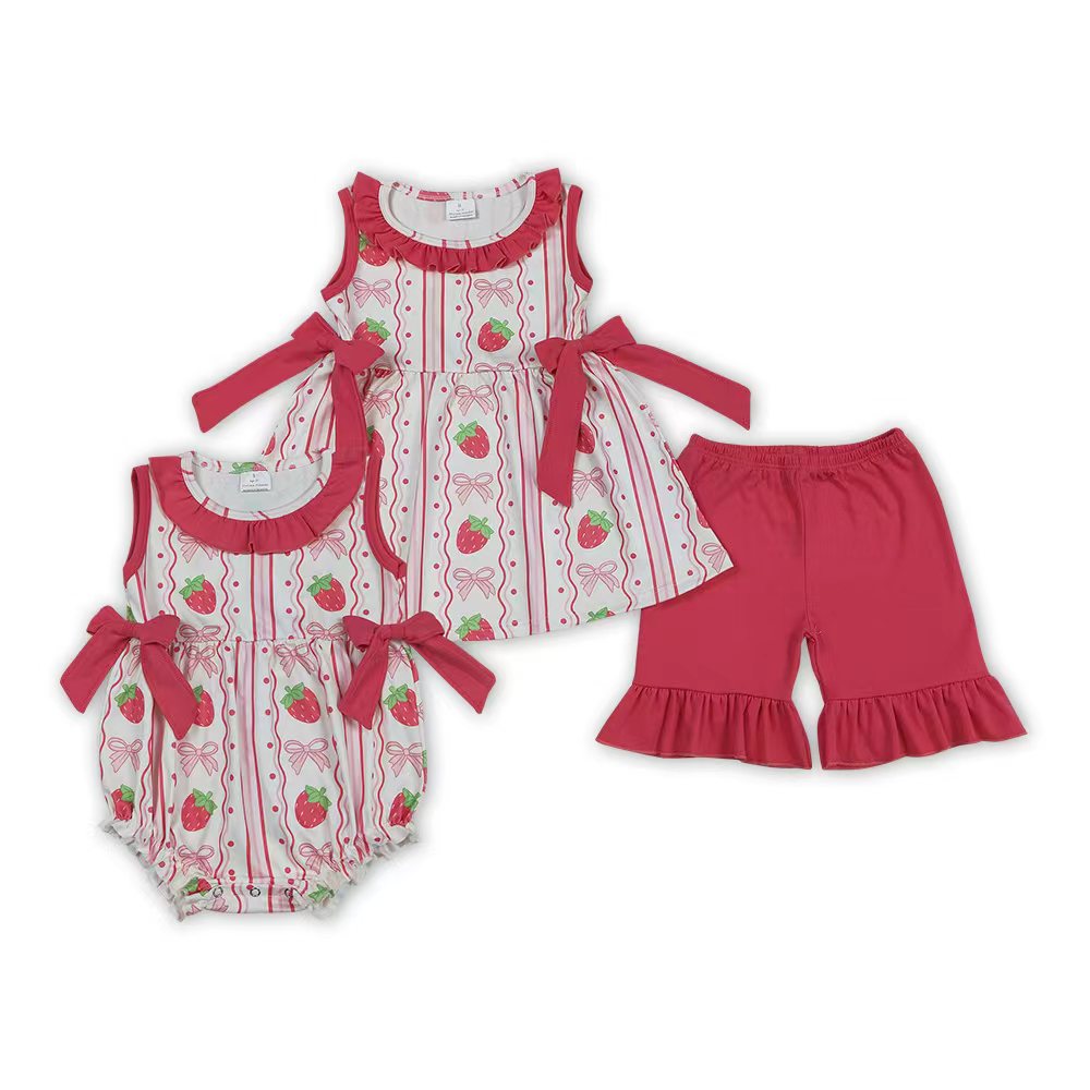 Matching Sisters Strawberry Print Summer Ruffle Outfits & Romper for Baby Girls