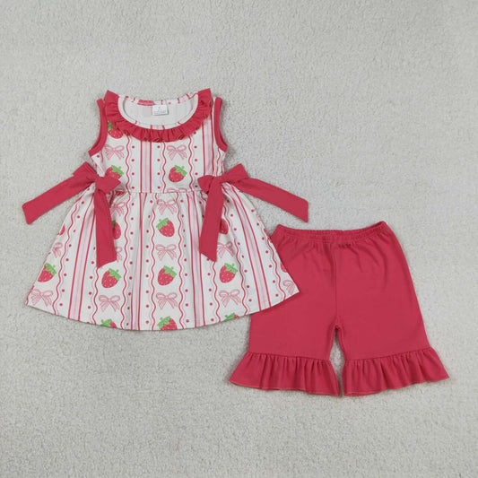 Matching Sisters Strawberry Print Summer Ruffle Outfits & Romper for Baby Girls
