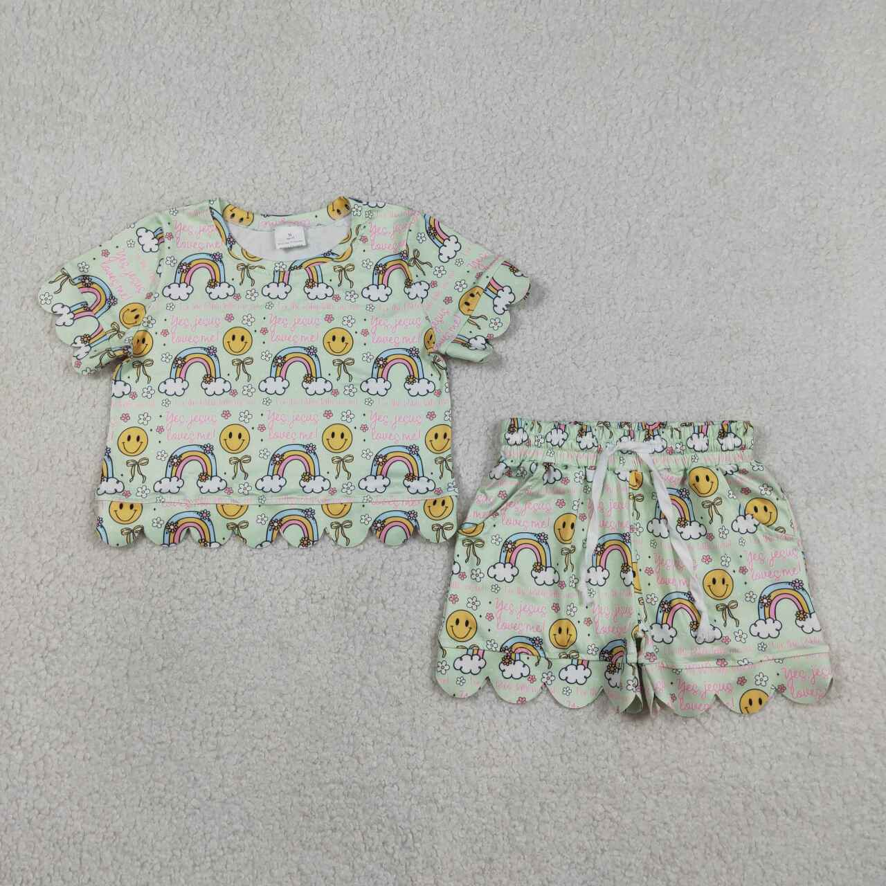 GSSO3283 Rainbow Flowers Bows Smiling Print Girls Summer Scallop Clothes Set