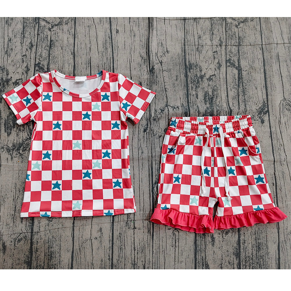 Preorder GSSO329 Stars Plaid Top Pockets Shorts Girls 4th of July Clothes Set