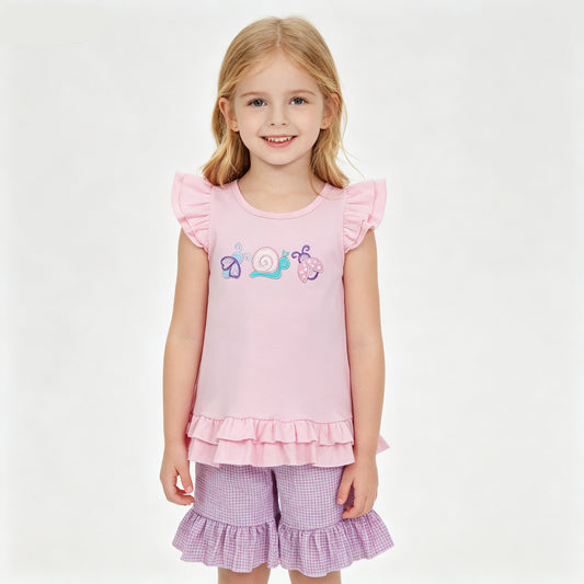Matching Sister Snail & Butterfly Outfits - Pink Ruffle Embroidery Sibling Set