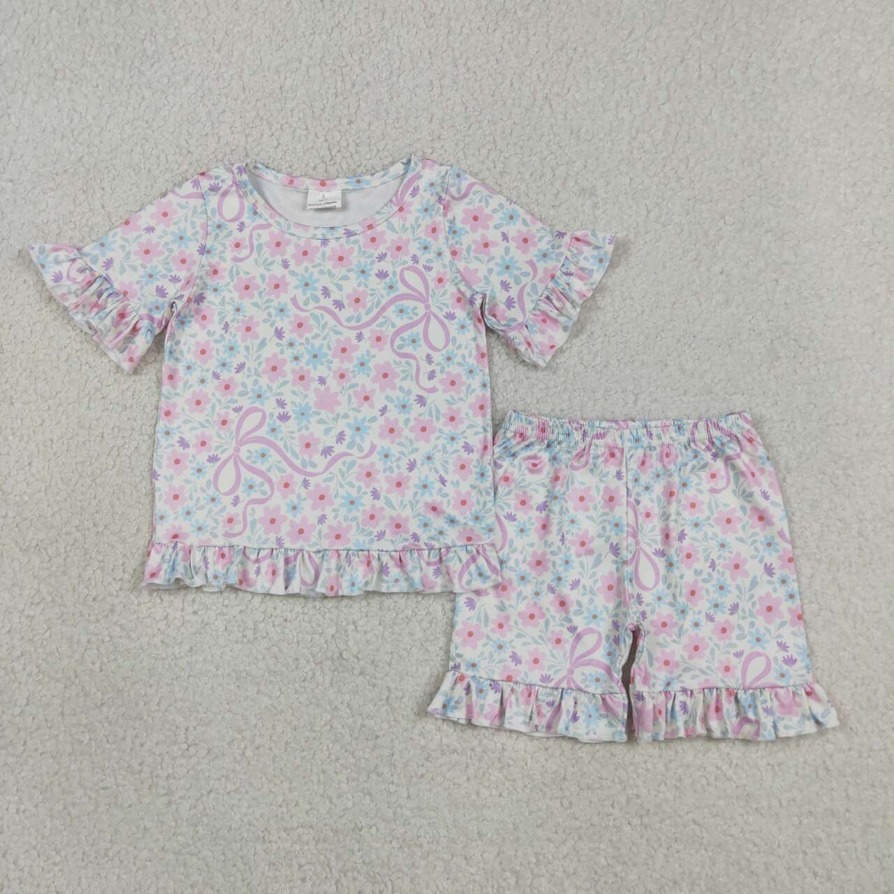 GSSO3322 Pink Blue Flowers Bows Baby Girls Summer Shorts Set