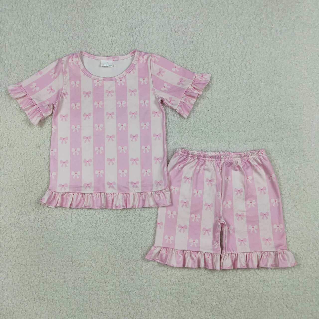 GSSO3341 Bows Pink Stripes Print Ruffle Shorts Girls Summer Pajamas Clothes Set