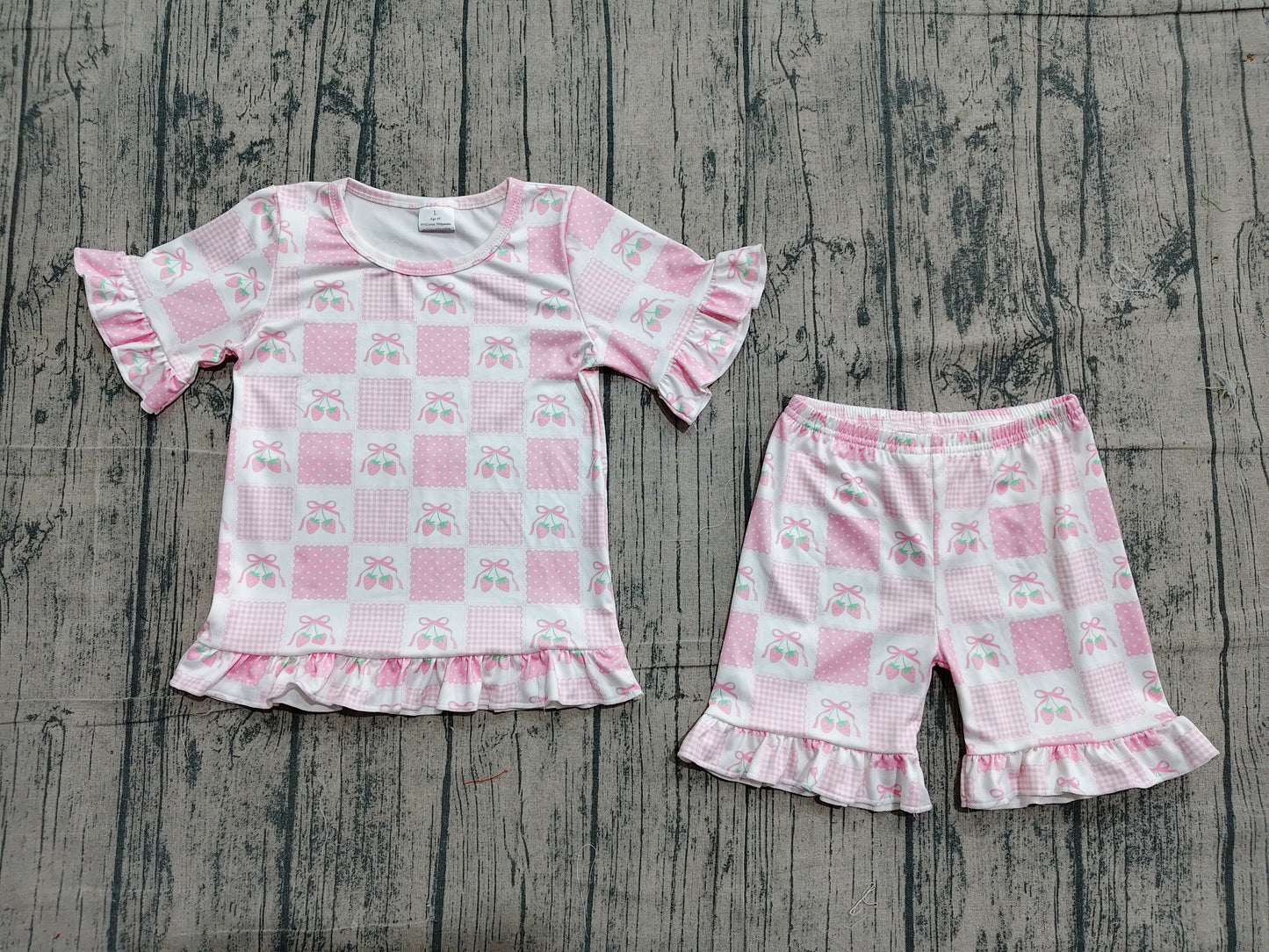 GSSO3342 Pink Bows Strawberry Top Ruffle Shorts Baby Girls Summer Clothes Set