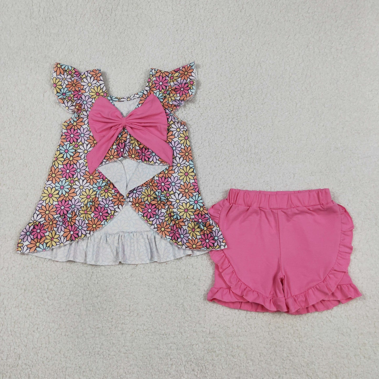Toddler Girl Daisy Bow Back Set - Floral Tunic with Big Pink Bow & Ruffle Shorts