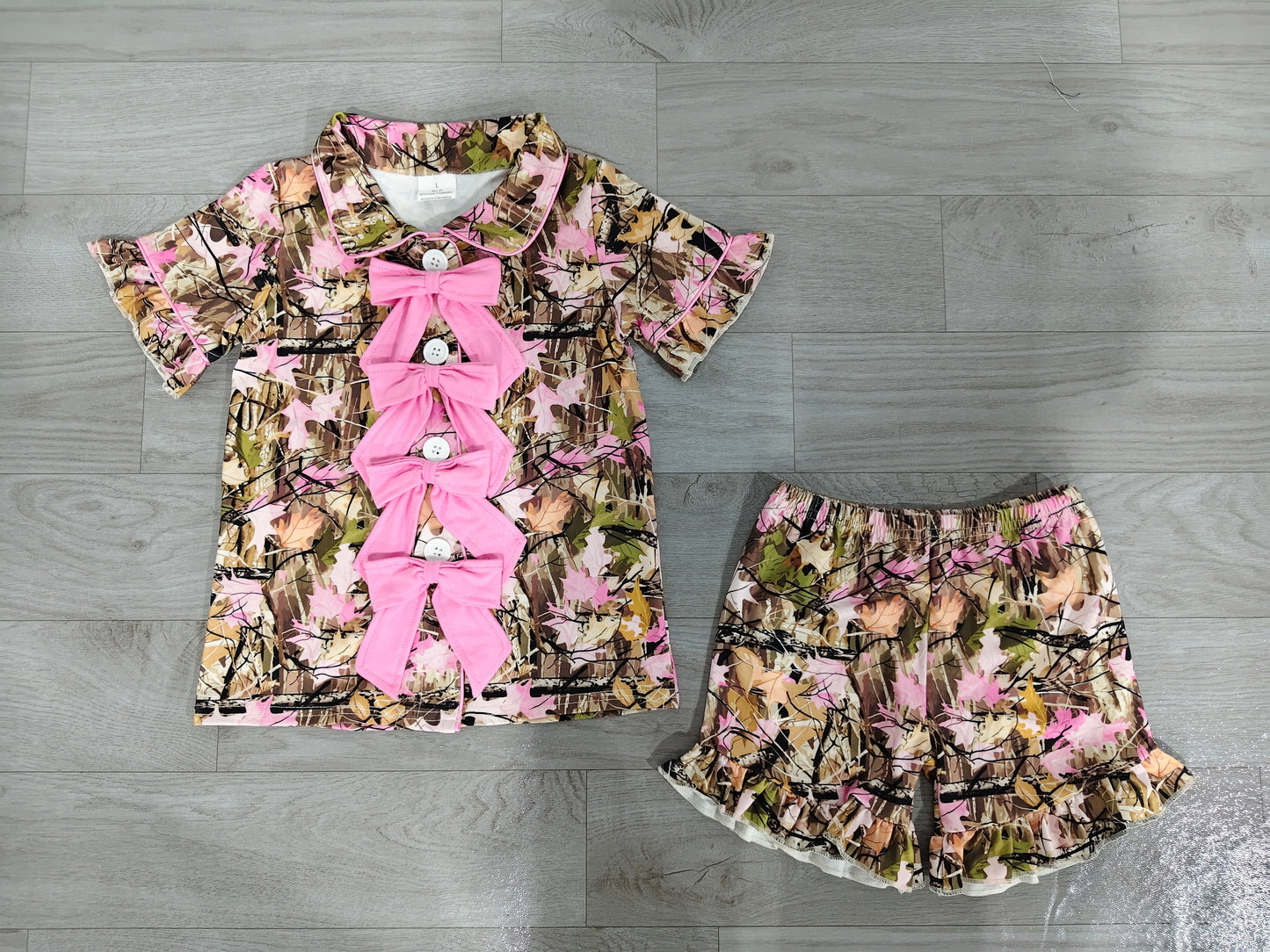 7.2 Preorder Girls Pink Camo Bow Short Sleeve With Shorts Pajama Set