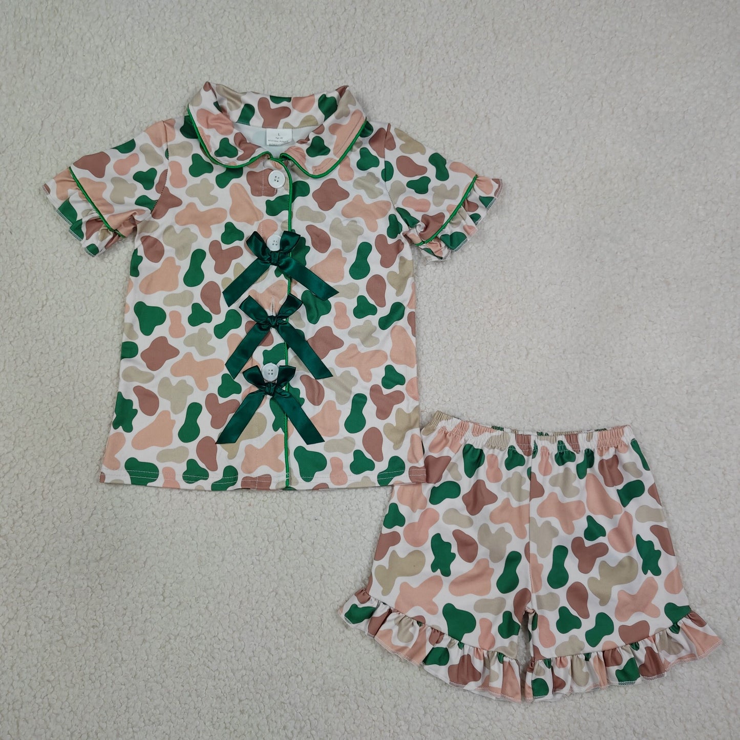 Girls Dark Green Camo Bow Short Sleeve With Shorts Pajama Set