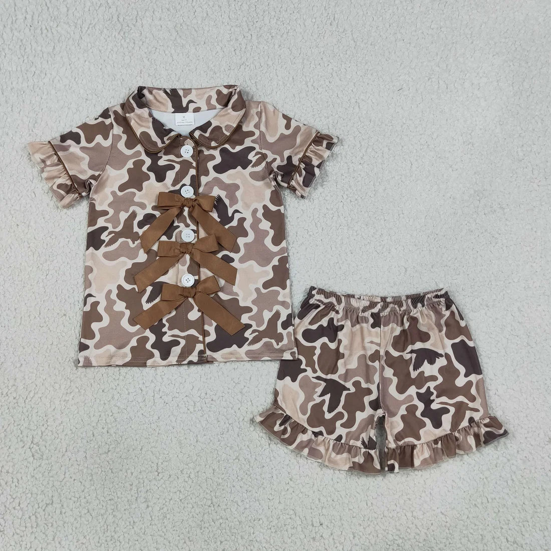 Sibling Baby Girls Short Sleeve Leaves Camo Bows Button Top Ruffle Short Pajamas Sets