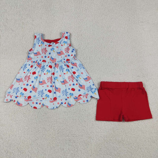 GSSO3386 Popsicle Flags Tunic Sleeveless Scallop Top Red Shorts Baby Girls 4th of July Clothes Set