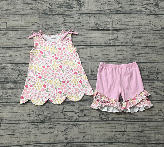 GSSO3389 Pink Flowers Scallop Sleeveless Top Ruffle Shorts Girls Summer Clothes Set