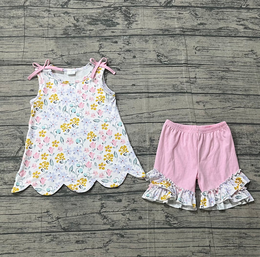 GSSO3392 Pink Blue Flowers Scallop Sleeveless Top Ruffle Shorts Girls Summer Clothes Set