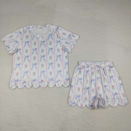 Mommy and Me Floral Bow Scallop Outfits, Short Sleeve Two Piece Set for Mother Daughter