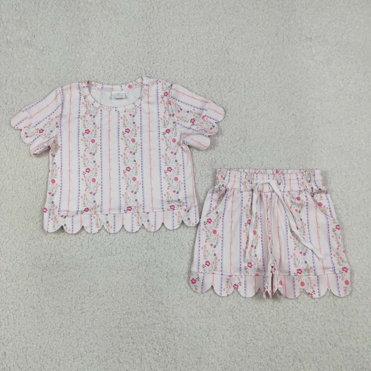 GSSO3411 Small Flowers Stripe Shorts Girls Summer Scallop Clothes Set