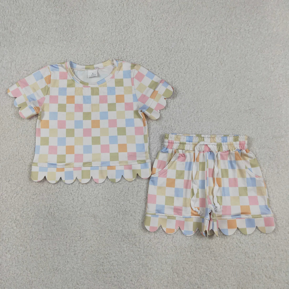 Sibling Baby Girls Colorful Checked Scallop Shirts Top Pockets Short Outfit