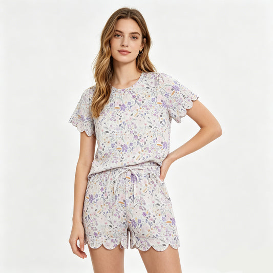 Mommy and Me Purple Flower Scallop Outfits, Short Sleeve Two Piece Set for Mother Daughter