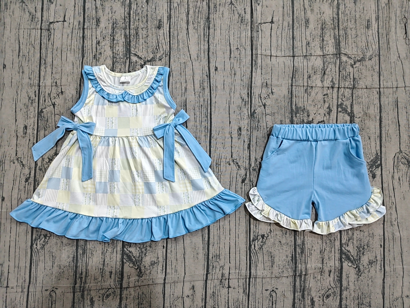 GSSO3439 Floral Plaid Sleeveless Doll Collar Tunic Top Blue Shorts Girls Summer Clothes Set